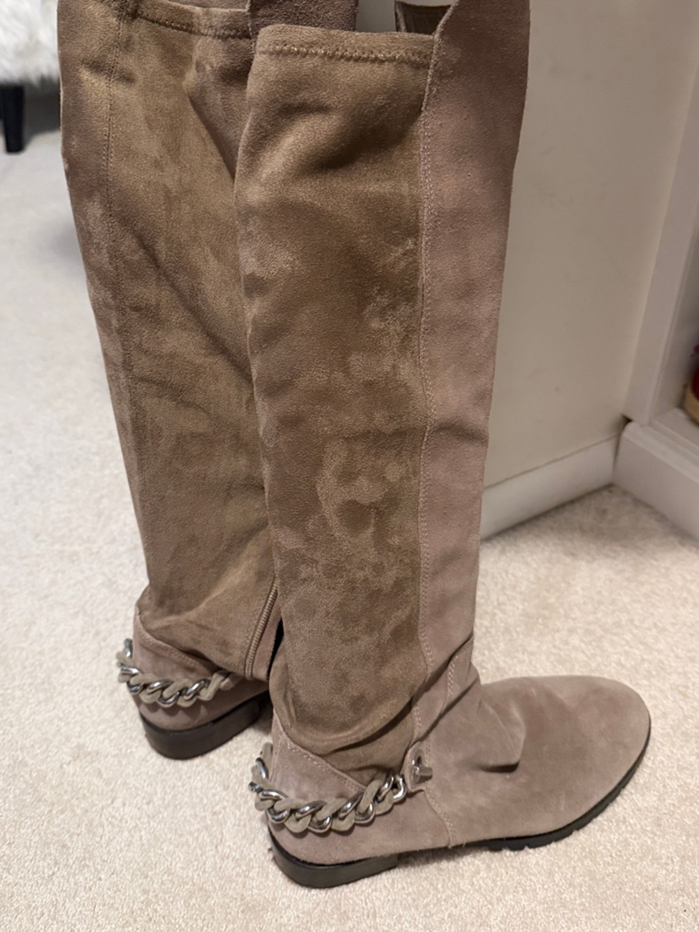 Karl Lagerfeld Taupe Suede Over-the-Knee Boots with Silver Chain Size 8